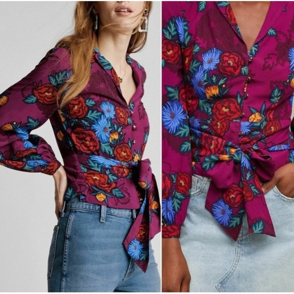 Anthropologie Moulinette Soeurs Maisie Blouse Women 6 Purple Floral Pearl Button